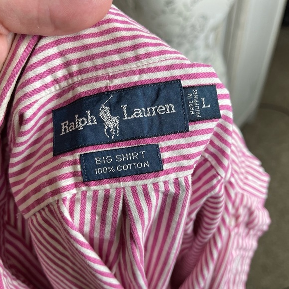 Ralph Lauren Button-Up Big Shirt Men's Size Large White Pink S/S Striped - Picture 3 of 5
